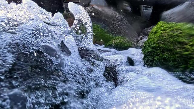 A stream of fast-flowing fresh water with foam and air bubbles flows into the sea, washing stones with Enteromorpha algae