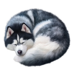 Obraz premium A peaceful husky dog curled up in a cozy position, showcasing its soft, fluffy fur and calm demeanor against a white isolated background.