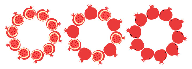 Decorative circular patterns featuring pomegranates in vibrant red colors
