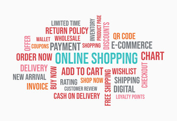 online shopping word cloud concept illustration on white background