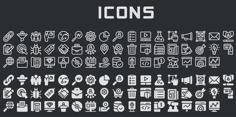 Set of White UI/UX Interface Icons on Dark Background &ndash; Minimalist and Versatile Symbols for Digital Applications
