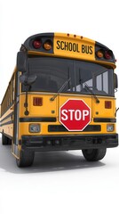 Yellow school bus front view with stop sign isolated on white background