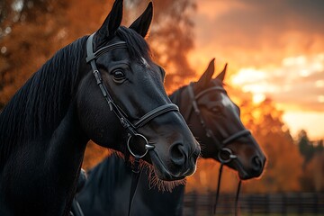 Obraz premium Two majestic black horses in autumnal setting.