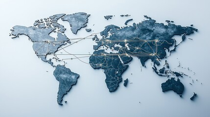 Global connectivity map.  Network of international connections across continents.  Detailed world map with highlighted trade routes and global interactions