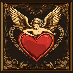 Naklejka premium Angelic Cupid holding heart, ornate frame, dark background; Valentine's, love, romance