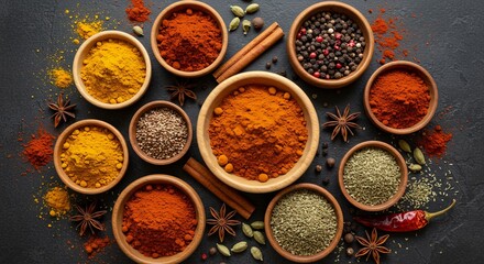 Colorful spices arranged in rustic wooden bowls