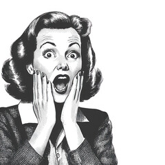 A shocked woman expressing surprise and disbelief with her hands on her face, against a white isolated background.