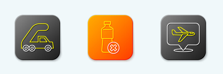 Set line Passenger ladder for plane boarding, No water bottle and Plane icon. Vector