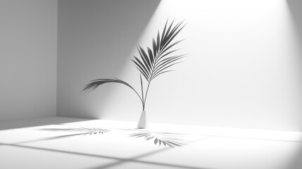 A plant in a white vase sits in a minimalist room with a large window.