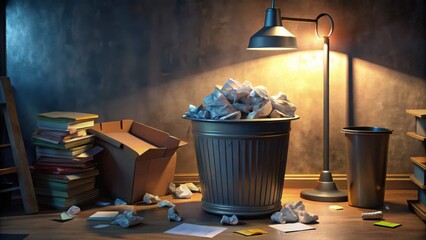 Chaotic workspace with trash overflowing amidst scattered papers  