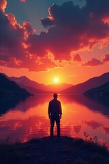Obraz premium Solitary figure silhouetted against vibrant sunrise over tranquil lake, view, faraway, scene