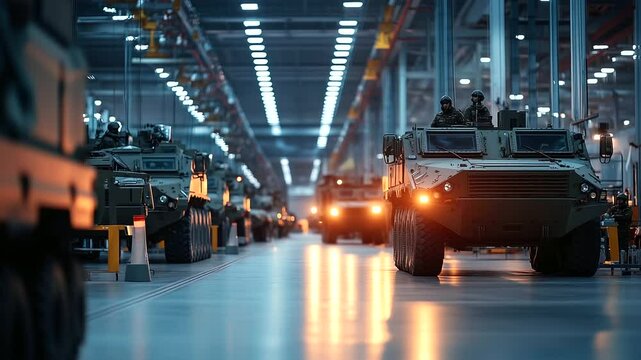 An industrial workshop where large armored vehicles are undergoing intensive testing, with engineers monitoring each system, demonstrating precision and strength in military manufa
