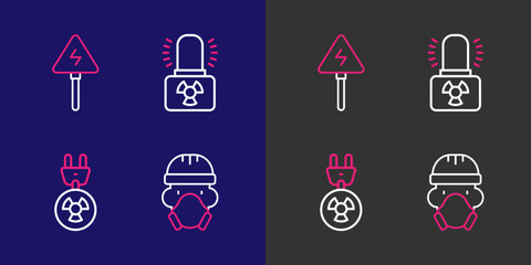 Set line Nuclear reactor worker, Radiation electrical plug, Radioactive warning lamp and High voltage sign icon. Vector