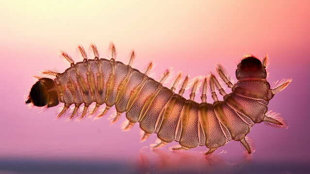 Backlit Silhouette of a Chaoborus Phantom Midge Larva Revealing Its Internal Air Sacs Against a Soft Pink Water Gradient