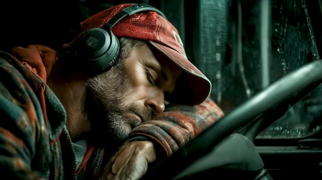 Truck driver sleeping with head on the steering wheel at a rest stop