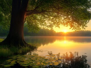 Obraz premium Peaceful sunrise over a tranquil lake with a large tree.