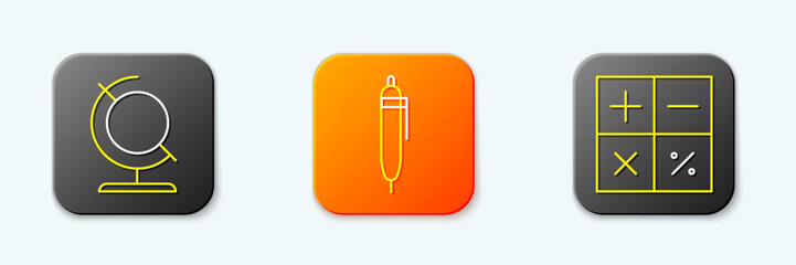 Set line Earth globe, Pen and Calculator icon. Vector