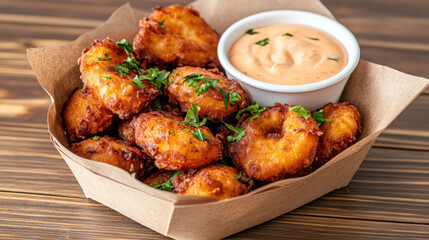 Crispy fried snacks served with creamy dipping sauce, garnished with herbs