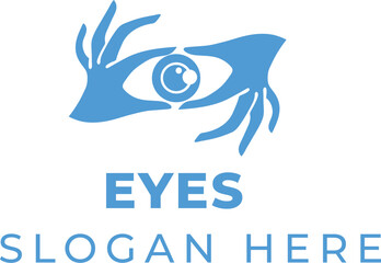 Hyper-Realistic Eyeball Vector with Two Hands in Vibrant Sky Blue on Clean White Background