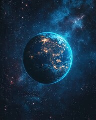 Fototapeta premium A stunning view of Earth from space, illuminated by city lights against a cosmic backdrop
