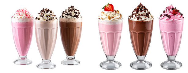Three different types of milkshakes with chocolate and strawberry flavors, topped with leopard print patterns, swirls of cream, and ice cubes in glass cups, against an isolated transparent background