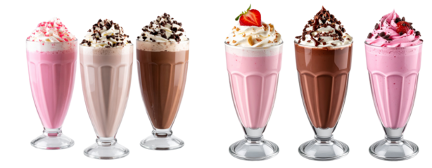 Three different types of milkshakes with chocolate and strawberry flavors, topped with leopard print patterns, swirls of cream, and ice cubes in glass cups, against an isolated transparent background