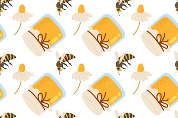 Brightly colored bees and honey jars designed in a cheerful pattern for a summer theme