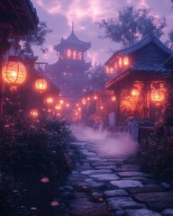 Naklejka premium Misty Asian village at twilight. Lanterns illuminate the path