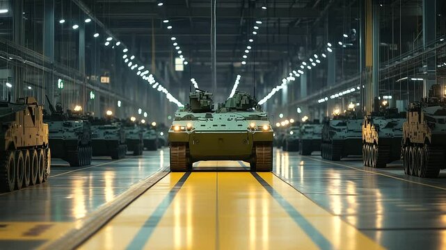 A panoramic shot of a military factory, showcasing armored vehicles being loaded onto transport vehicles, ready to be deployed after passing through stringent quality control check