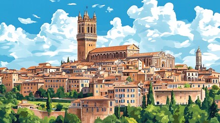 Obraz premium European city skyline, illustration, medieval architecture, sunny day, background, tourism, stock