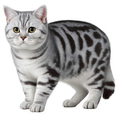 An adorable silver tabby cat with striking green eyes, standing confidently on a white background, showcasing its beautiful spotted coat and playful personality.