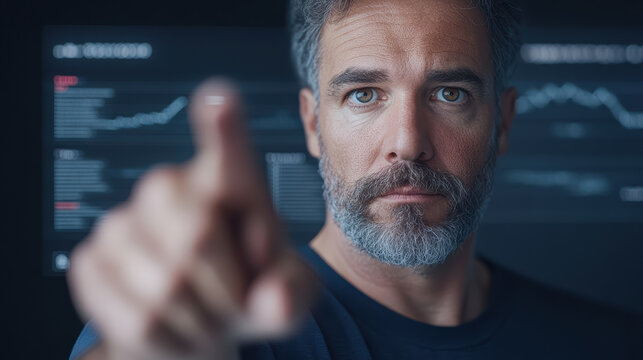 Focused man pointing at digital interface displaying data analytics and graphs