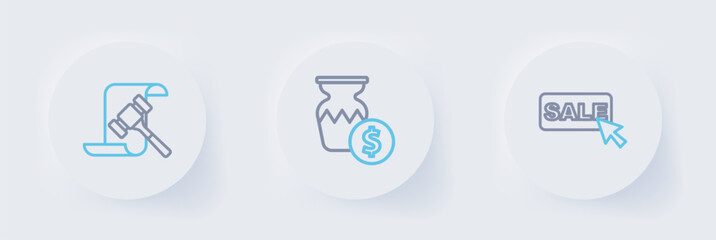 Set line Price tag with Sale, Auction ancient vase and hammer icon. Vector