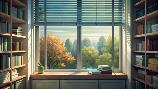 Cozy library window view with autumn trees and sunlight shining  
