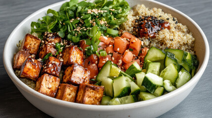 Vibrant poke bowl filled with tofu, quinoa, fresh vegetables, and sesame seeds, perfect