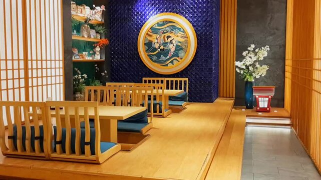 Aesthetic Japanese Dining Interior Zabuton Sushi Table Koi Art Flower Vase Sakura Decoration Okinawa Warm Lighting Wood Cream Brown Minimalist Room Cultural Oriental Indoor Traditional Painting Modern