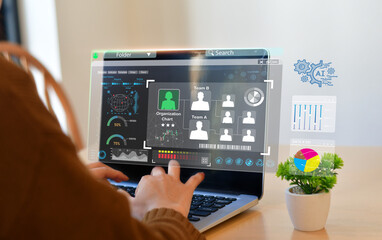 Agile leadership concept. A business professional's hand interacts interface displaying icons representing trust, collaboration, empowerment, adaptability, leadership. Professional agile leadership.