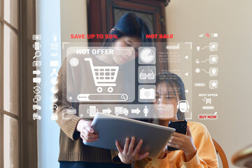 Two Asia lesbian women site on couch together looking at laptop screen in living room at home together. Happy couple roommate ladies enjoy web surfing online shopping, Lifestyle woman at home concept.
