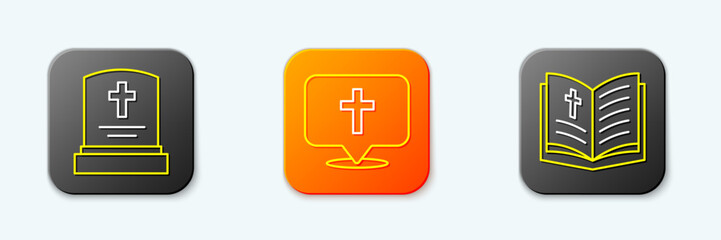 Set line Grave with tombstone, Location church building and Holy bible book icon. Vector