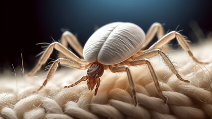 House Dust Mite Crawling Across an Individual Cotton Fiber, Revealing Its Hairy Legs and Translucent Body in Sharp Focus