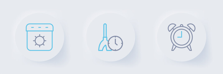 Set line Alarm clock, Cleaning time and Calendar summer icon. Vector