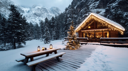 Cozy wooden cabin adorned with lights in snowy landscape, surrounded by tall trees and mountains