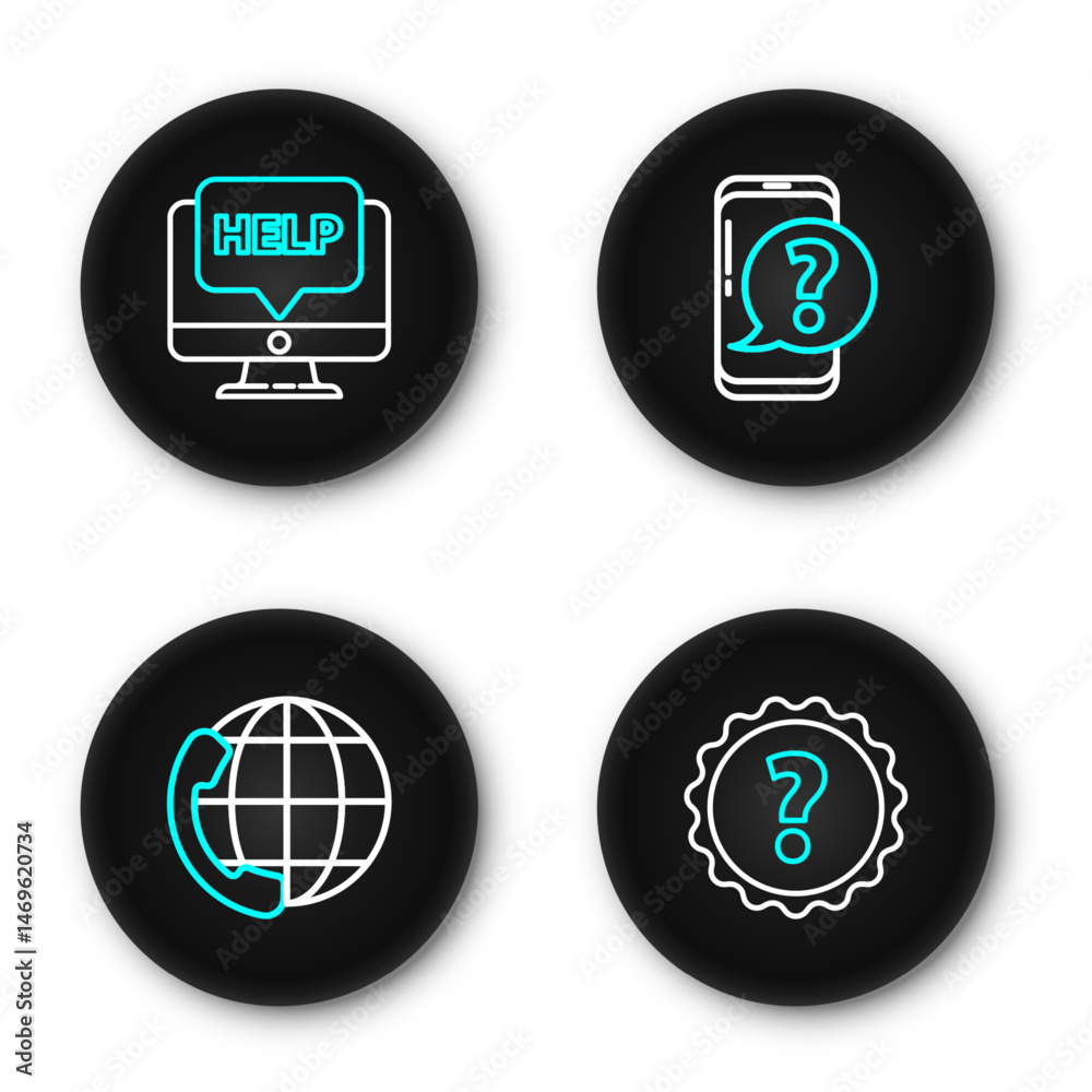 Poster set line question mark, telephone 24 hours support, mobile with question and computer monitor and he