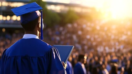 A graduate standing at the front of a crowd, cap and gown billowing in the wind, holding their diploma and looking out toward a promising future of success.