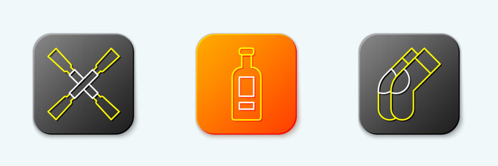 Set line Oars or paddles boat, Bottle of vodka and Socks icon. Vector
