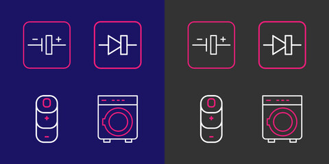 Set line Washer, Battery charge, Diode in electronic circuit and DC voltage source icon. Vector