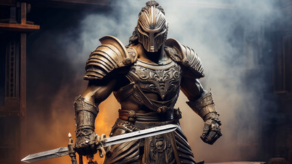 Rusty Gearsmith Warrior Adorned with Bearing-Plate Armor and Spindle Sword