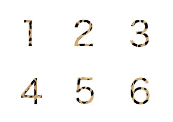 Leopard patterned numbers 1, 2, 3, 4, 5, 6 on white background