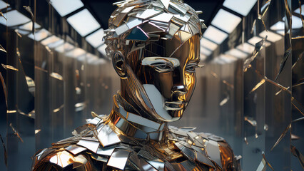 Shattered Mirror Sentinel Wreathed in Welded Scraps of Mirrors and Steel