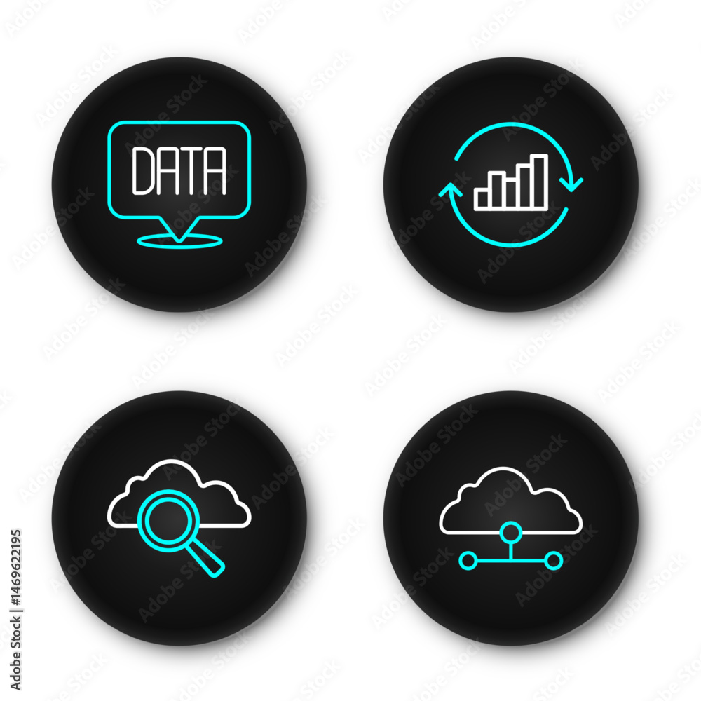 Poster set line network cloud connection, search computing, pie chart infographic and data analysis icon. v